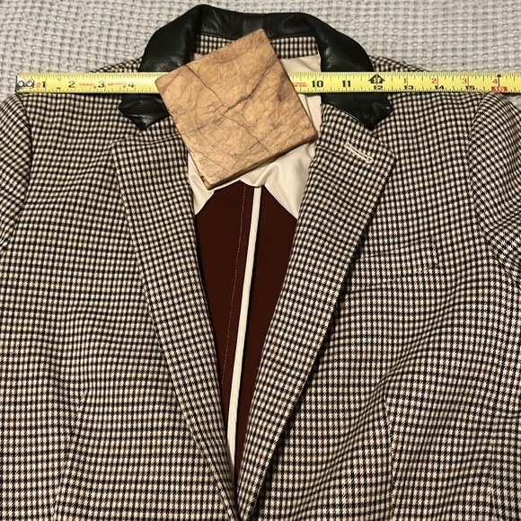 Club Monaco Plaid Checked Neutral Leather Collar Trim Blazer Jacket Sz 6